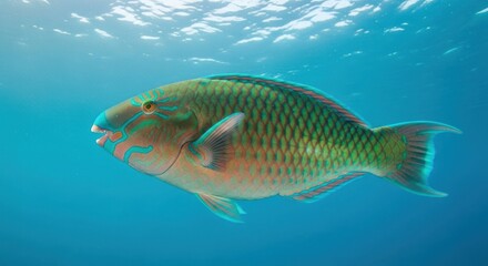 Naklejka premium Colorful parrotfish swims in ocean's clear blue water near the surface