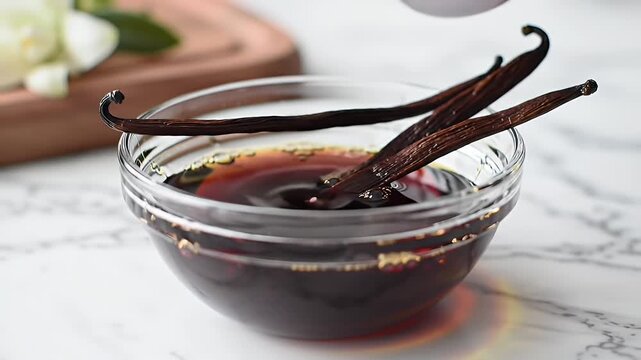 Homemade Vanilla Extract Golden Liquid Poured into Glass Bowl with Vanilla Beans on Marble Countertop Culinary Still Life Rich Aroma Delicious Sweetness and Flavor Perfect for National Vanilla Day