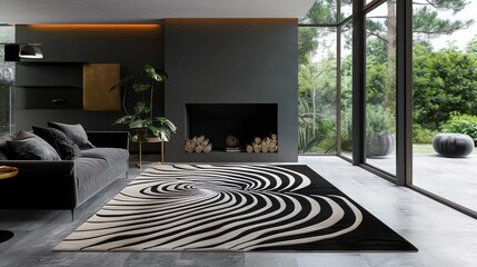 Fototapeta premium A modern living room featuring a black and white patterned rug and a large window with greenery views