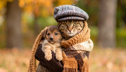 Obraz premium Cat in hat with puppy. Autumn scene