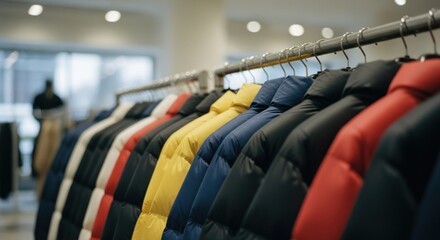 Colorful winter coats neatly hanging on a metal rack in a bright store