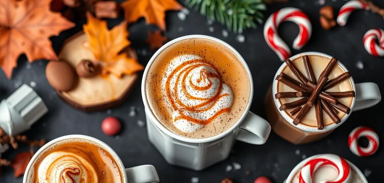 Autumn/winter coffee latte assortment  Various toppings, gingerbread, caramel, mocha, chocolate, candy cane, peppermint Dark background, sweet, candy cane
