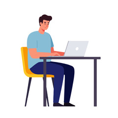 A man is sitting at a desk with a yellow chair, typing on a laptop computer.