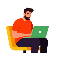 Man with a beard sitting in a yellow chair, working on a green laptop, focused on the screen, against a white background.