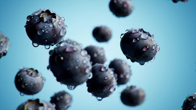 Macro Shot of Fresh Blueberries Rotating Slowly with Water Droplets Against Soft Blue Background Showcasing Deep Blue Purple Hue and Delicate Bloom Perfect for Food Advertisement and Decoration