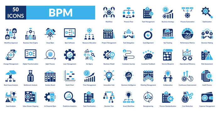business process management fill icon set. Workflow, Process Flow, Task Management, Business Strategy, Process Automation, Optimization, Decision Making