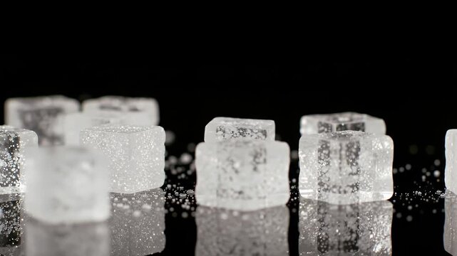 Macro Shot of Sugar Cubes Falling on Reflective Black Surface Sweet Food Ingredient Crystal Close Up Refined Granulated Table Spoon Pile Nutrition Health And Minimalist Background