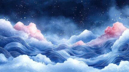 A serene digital artwork depicting swirling waves and clouds under a starry sky.
