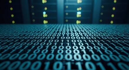 Dense digital code surface with server racks blurred in the background