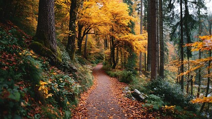 Picturesque autumn forest path with golden leaves scattered across the ground, surrounded by trees in warm seasonal colors, perfect for inspirational text placement.