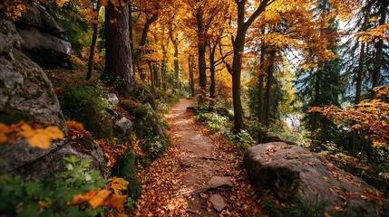 Tranquil autumn woodland trail blanketed with fallen golden leaves, surrounded by tall trees, evoking a nostalgic and warm seasonal atmosphere.