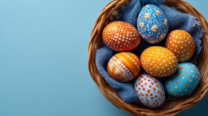 Wicker basket holding colorful, decorated Easter eggs on soft blue cloth background
