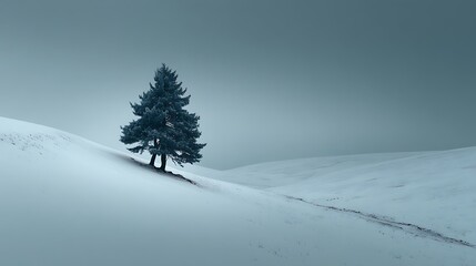 Solitary pine tree in a vast snow-covered minimalist landscape under cold winter sky, symbolizing purity, stillness, natural peace, and serene frozen wilderness.