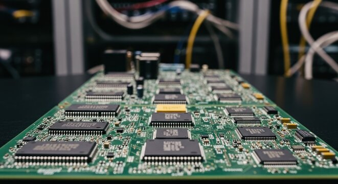 Electronic circuit board with chips & wires, server room in background