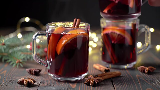 Pouring Hot Mulled Wine with Orange Slices and Cinnamon Sticks in Clear Glass Mug on Dark Wooden Table with Christmas Tree Twig and Fairy Lights Arrangement Festive Winter Scene for Christmas