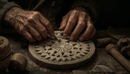Elderly man crafting intricate design on wood using traditional techniques  