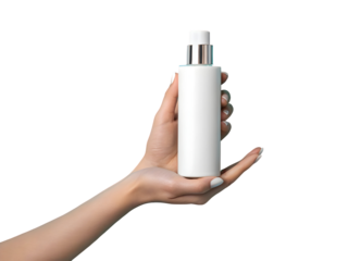 A fair skinned womans hand gently cradles a sleek white cosmetic bottle with a silver pump dispenser against a stark black background the nails are subtly manicured with a