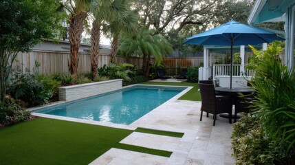 Fototapeta premium Rectangular pool with tiled border, turf, and landscaping in a backyard oasis under a blue umbrella