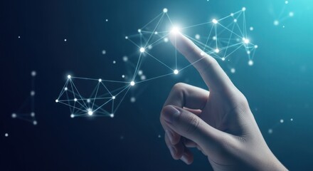 Finger touching a glowing network, abstract connections in blue gradient space