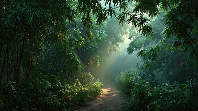 Misty bamboo forest at dawn with soft sunlight filtering through dense green stalks, tranquil zen mood with empty path, perfect nature scene for meditation and relaxation