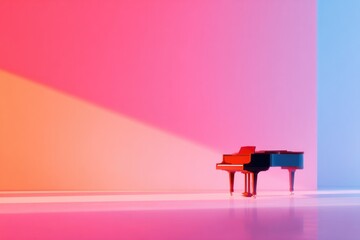 Brightly lit grand piano against colorful gradient wall, creatin