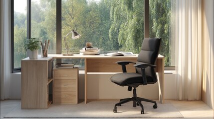 Modern office interior with desk and chair by a window overlooking the nature