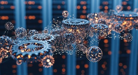 Gears & spheres network, lit with bokeh, layered over blurred data center