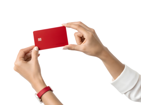 Two fairskinned hands gently hold a minimalist vibrant red rectangular card against a pure black background a red silicone wristband adorns one wrist