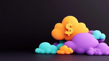 A vibrant, stylized cloud arrangement with colorful shapes and a dollar sign, symbolizing finance or monetary concepts in a modern design.