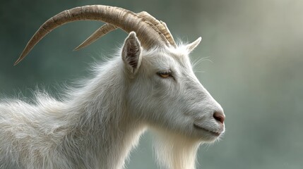 Close-up of a white goat with curved horns in natural setting