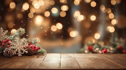 Festive wooden table with evergreen branches, red berries, and snowflake ornaments against a bokeh background of warm lights and falling snow