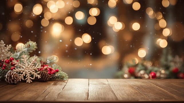 Festive wooden table with evergreen branches, red berries, and snowflake ornaments against a bokeh background of warm lights and falling snow