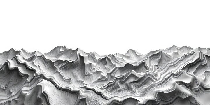 Abstract black and white topographic map with wavy contour lines, stylized mountain relief ,  mountains,  elevation