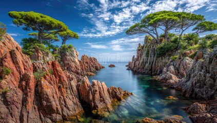 Tranquil coastal scenery with towering pine trees and vibrant rocks.
