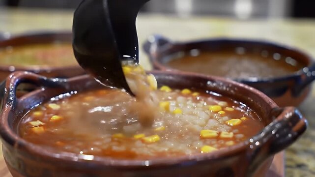 Steaming Mexican Rice Soup Preparation with Black Ladle Close Up featuring Brown Broth Rice and Yellow Corn Kernels displayed in Earthenware Bowls perfect for advertising and national promotion