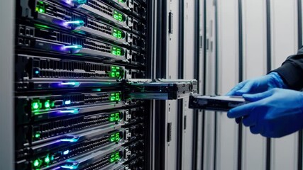 It technician wearing blue gloves is installing or replacing a hard drive in a server rack in a modern data center, ensuring efficient data storage and processing - Powered by Adobe
