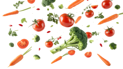 Loopable animation of fresh vegetables floating against a black background including red tomatoes whole and sliced orange carrots and green broccoli florets some parsley sprigs