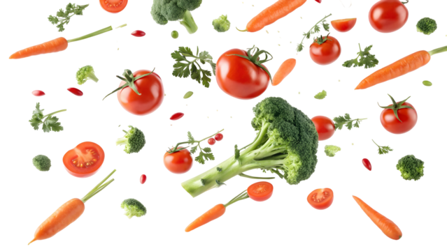 Loopable animation of fresh vegetables floating against a black background including red tomatoes whole and sliced orange carrots and green broccoli florets some parsley sprigs