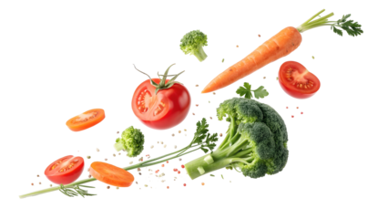Loopable animation of fresh vegetables floating against a black background including a whole red tomato slices a whole orange carrot slices and broccoli florets with parsley