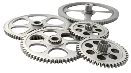 Silver Metallic Gears Intermeshed Cluster Spinning Motion Isolated Black Background Detailed Cogwheels Machine Parts Engineering Technology Minimalist Design