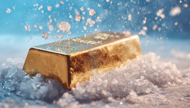 Gold bullion bar rests amidst ice crystals.