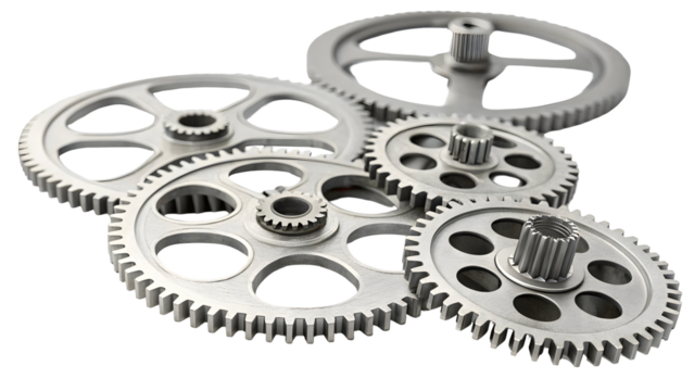 Silver Metallic Gears Intermeshed Cluster Spinning Motion Isolated Black Background Detailed Cogwheels Machine Parts Engineering Technology Minimalist Design - Powered by Adobe
