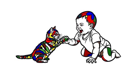 Colorful baby and cat illustration playful interaction art design print