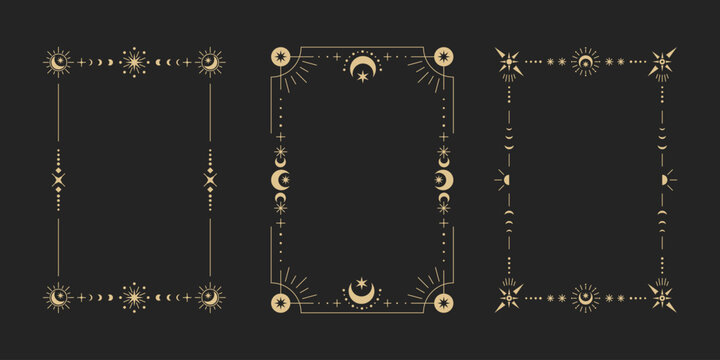 Celestial esoteric frame element collection. Rectangle golden geometric boho mystic border set.