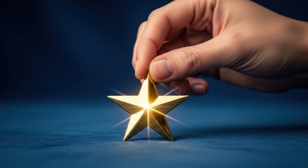 Hand gently holds a shimmering golden star against deep blue backdrop