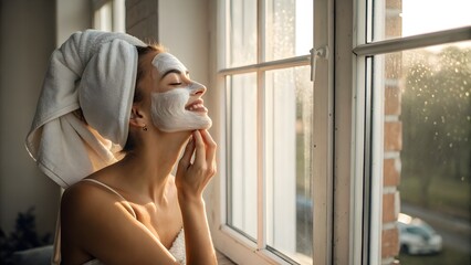 Applying sheet mask by window. Skincare routine shot of model applying moist sheet mask by window, glowing natural light.