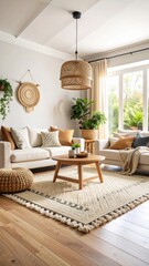 Fototapeta premium Sunlit Bohemian Living Room with Wicker Lampshade Tasseled Rug and Earthy Tones.