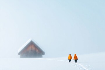 Two figures in bright orange jackets walk through deep snow towa