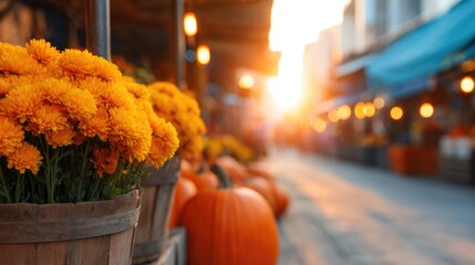 Bright marigolds in wooden pots line bustling market street at s