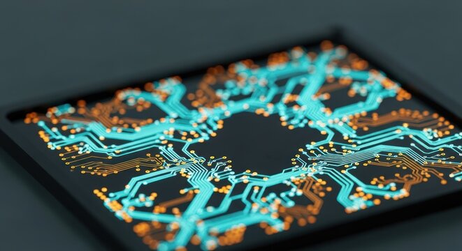 Illuminated circuit board with glowing blue and orange paths on dark surface